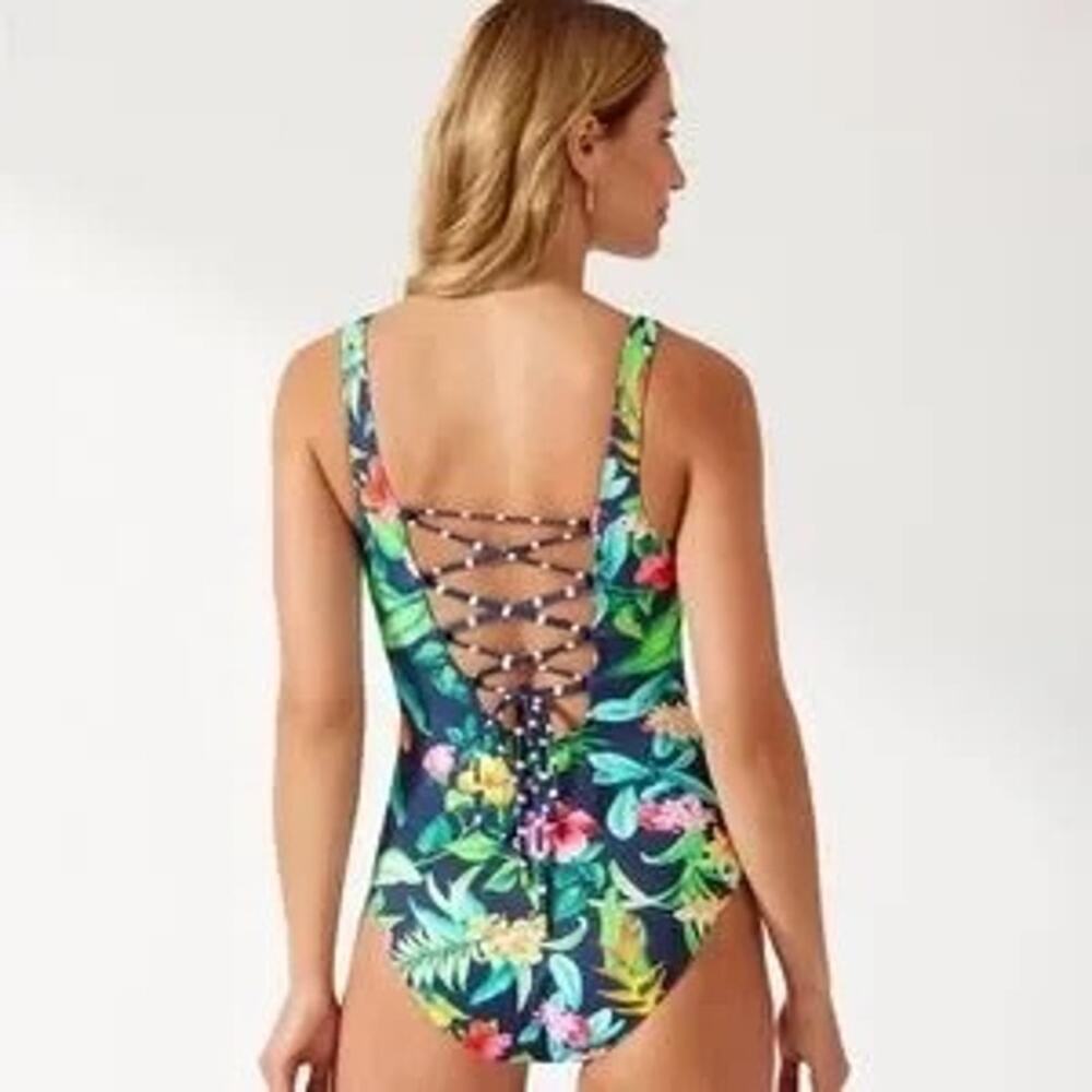 NWT Tommy Bahama Tropi-Calling Reversible Lace Back Floral/Navy Sz 12 - Picture 2 of 9